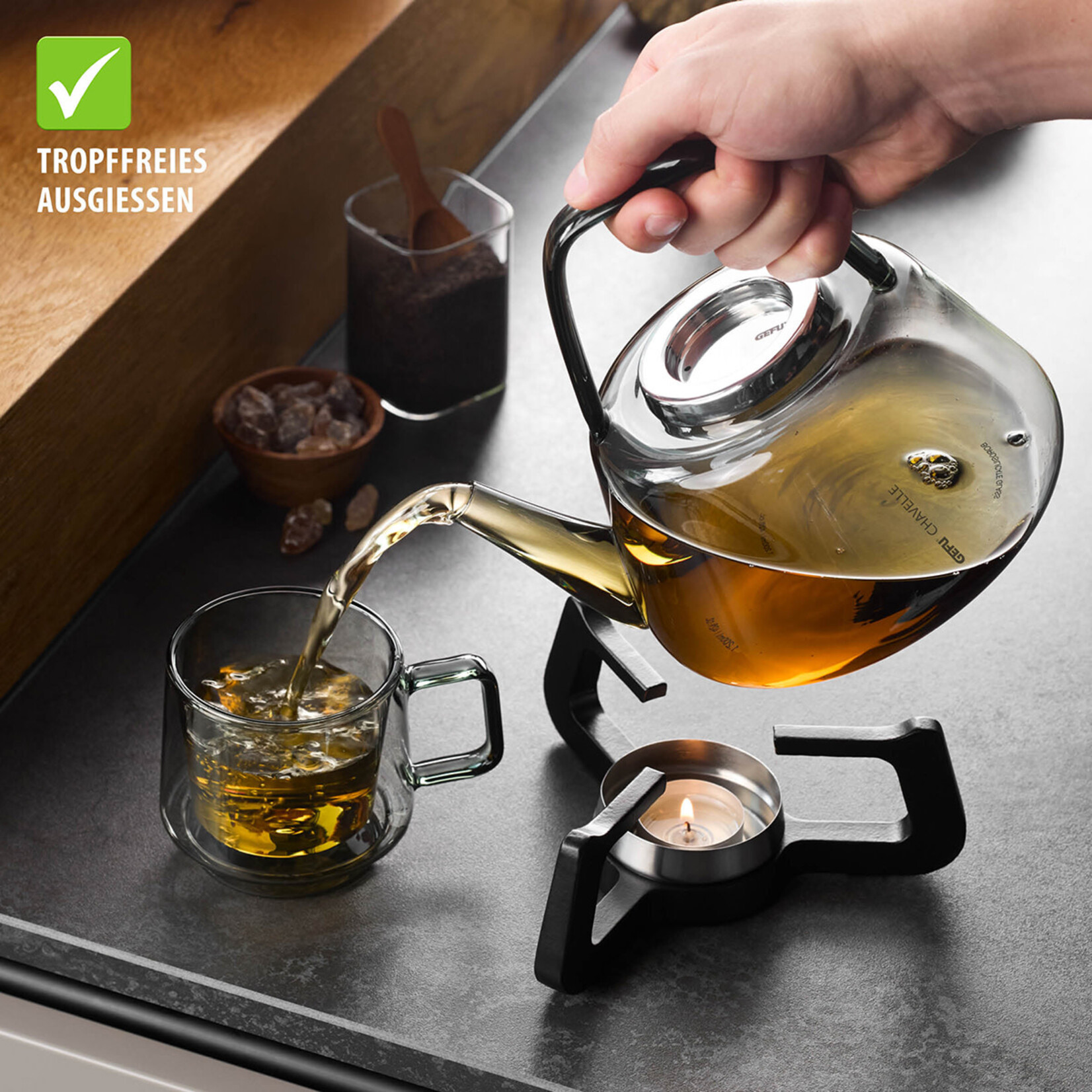 Gefu 1200 ml rookglas theepot met theefilter en rechaud Gefu Chavelle theepot set Gefu 12907
