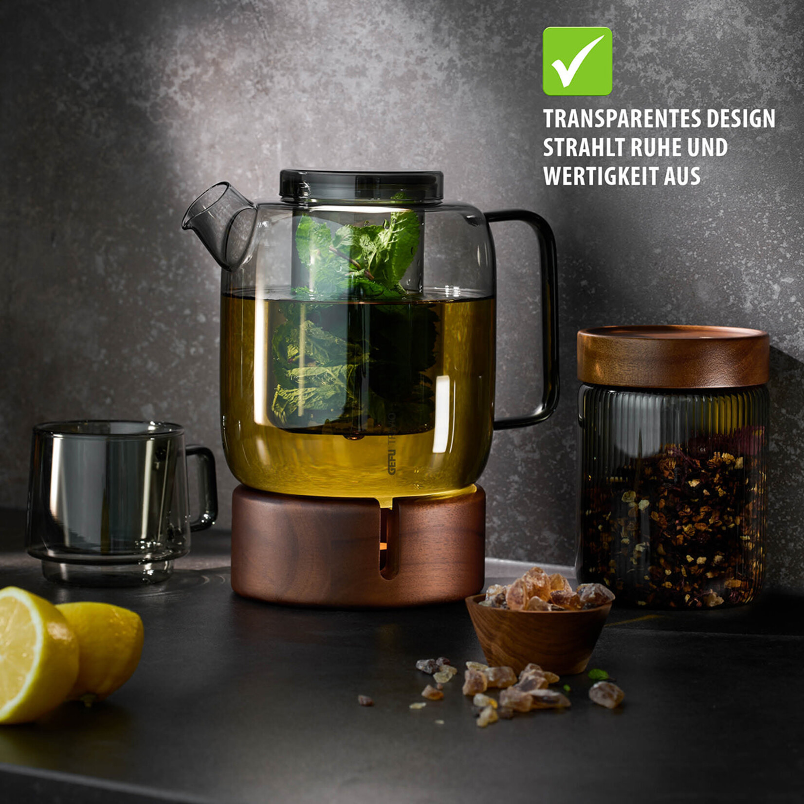 Gefu 1500 ml rookglas theepot met theefilter en rechaud Gefu Trevio theepot set Gefu 12909