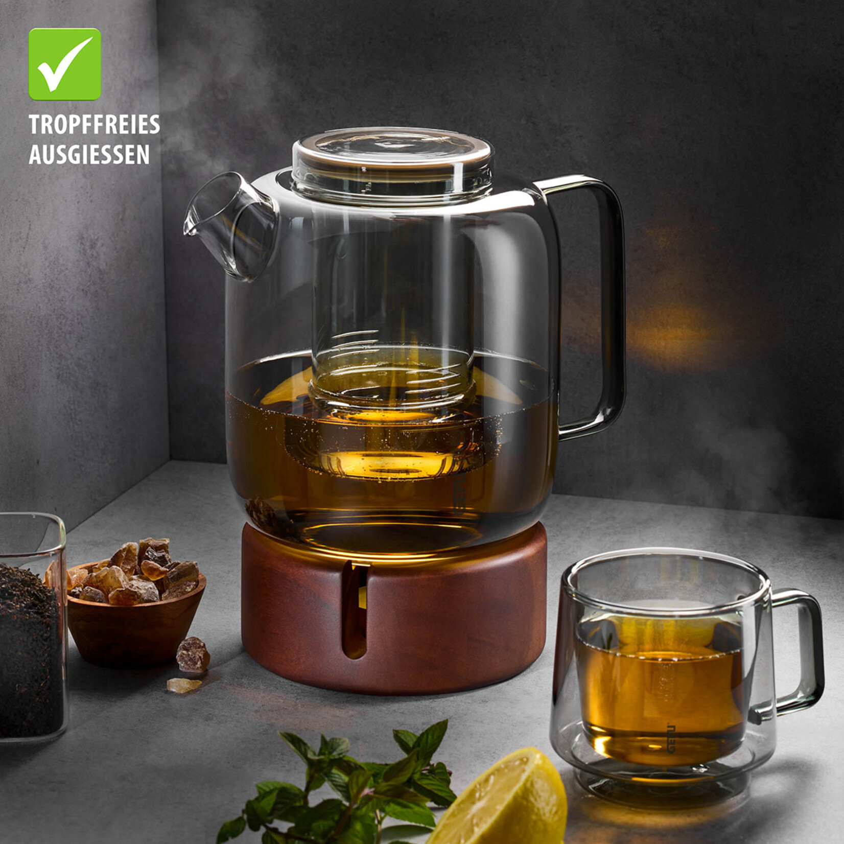 Gefu 1500 ml rookglas theepot met theefilter en rechaud Gefu Trevio theepot set Gefu 12909