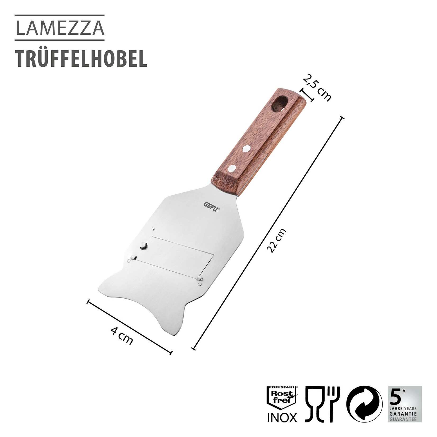 Gefu Truffelschaal Walnoten hout handvat Gefu Lamezza truffelschaaf fijnschaver Gefu 10965