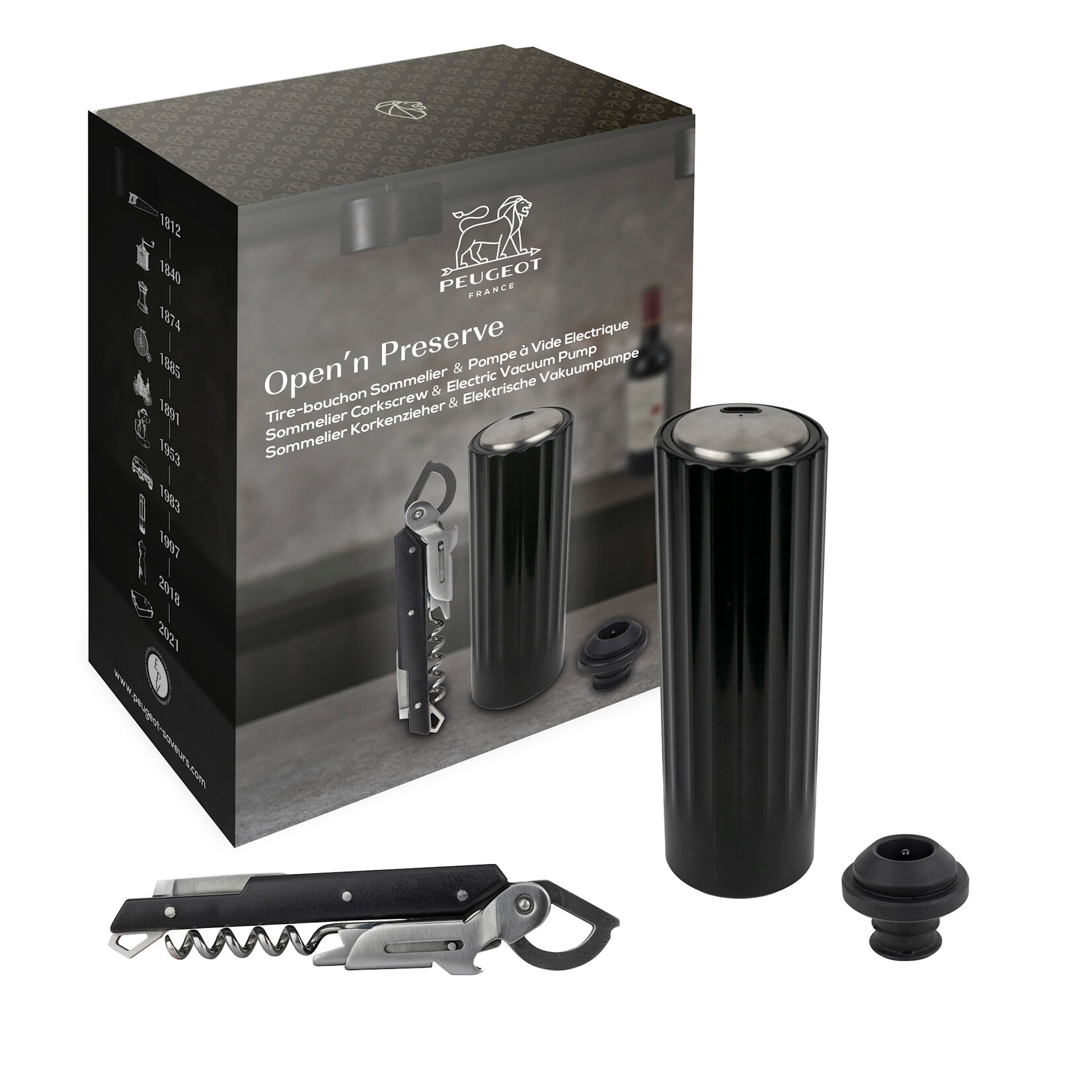 Peugeot Peugeot Open 'n Preserve Elektrische USB Vacumeerpomp en  Clavelin kelnersmes Peugeot 210922