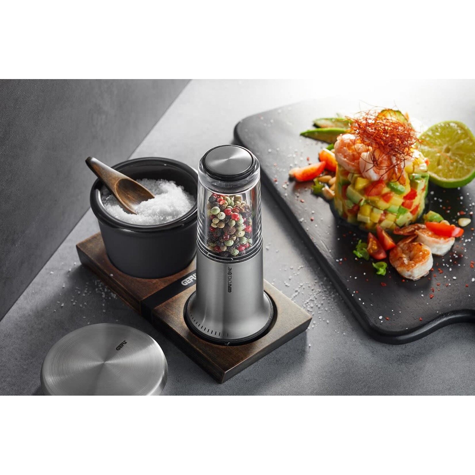 Gefu Gefu X-plosion zwart stenen zout of kruidenpot met rvs deksel Gefu 34636