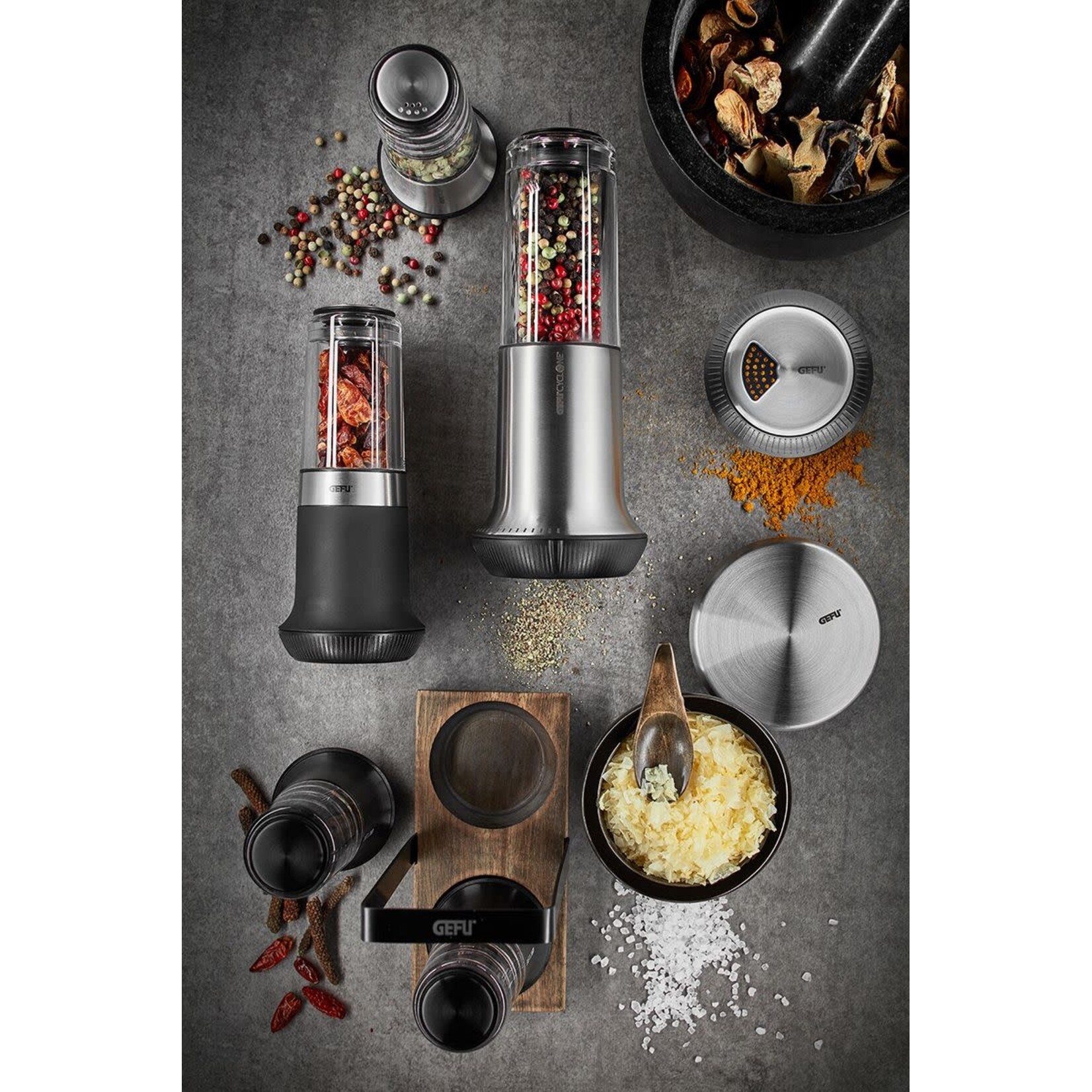 Gefu Gefu X-plosion zwart stenen zout of kruidenpot met rvs deksel Gefu 34636