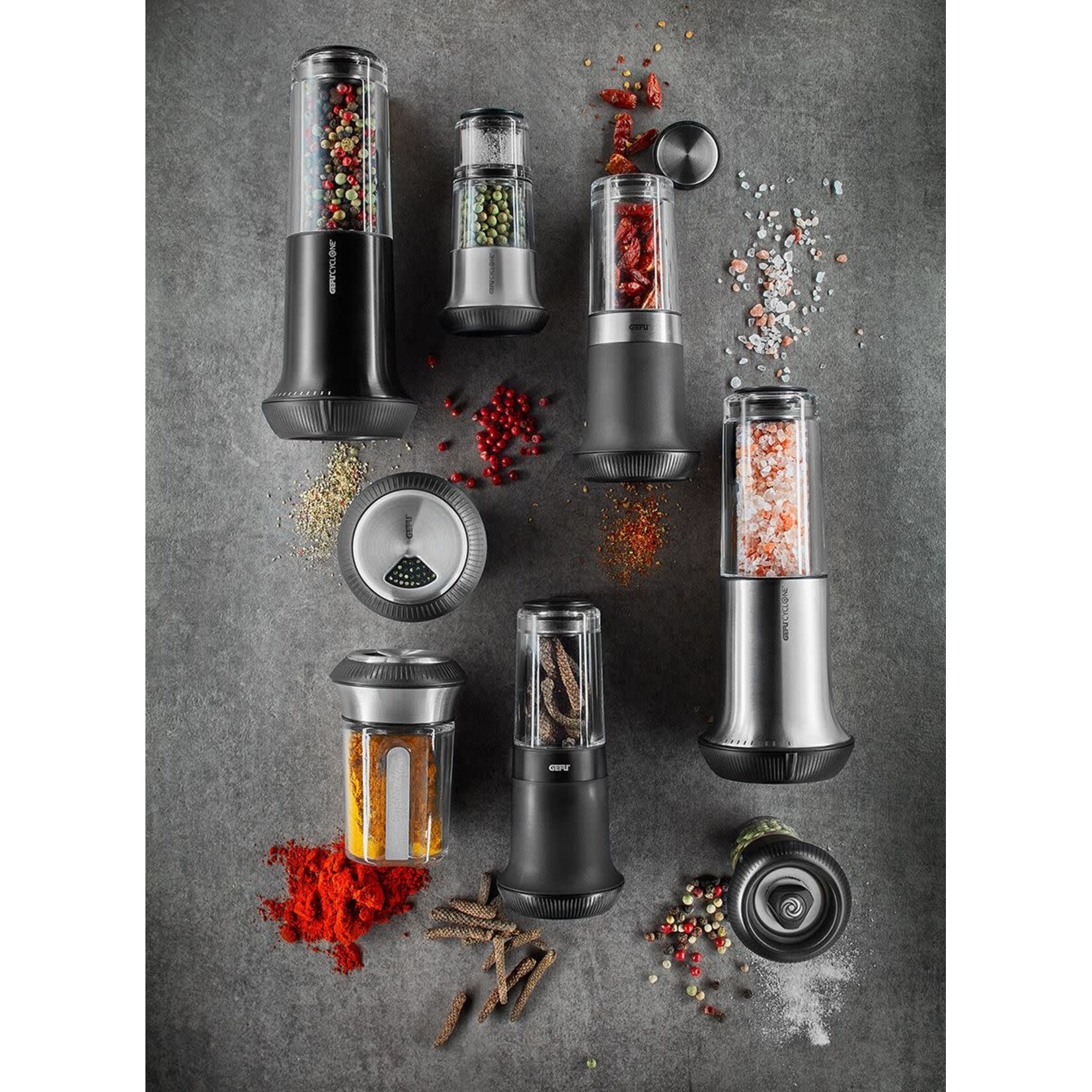 Gefu Gefu X-plosion zwart stenen zout of kruidenpot met rvs deksel Gefu 34636