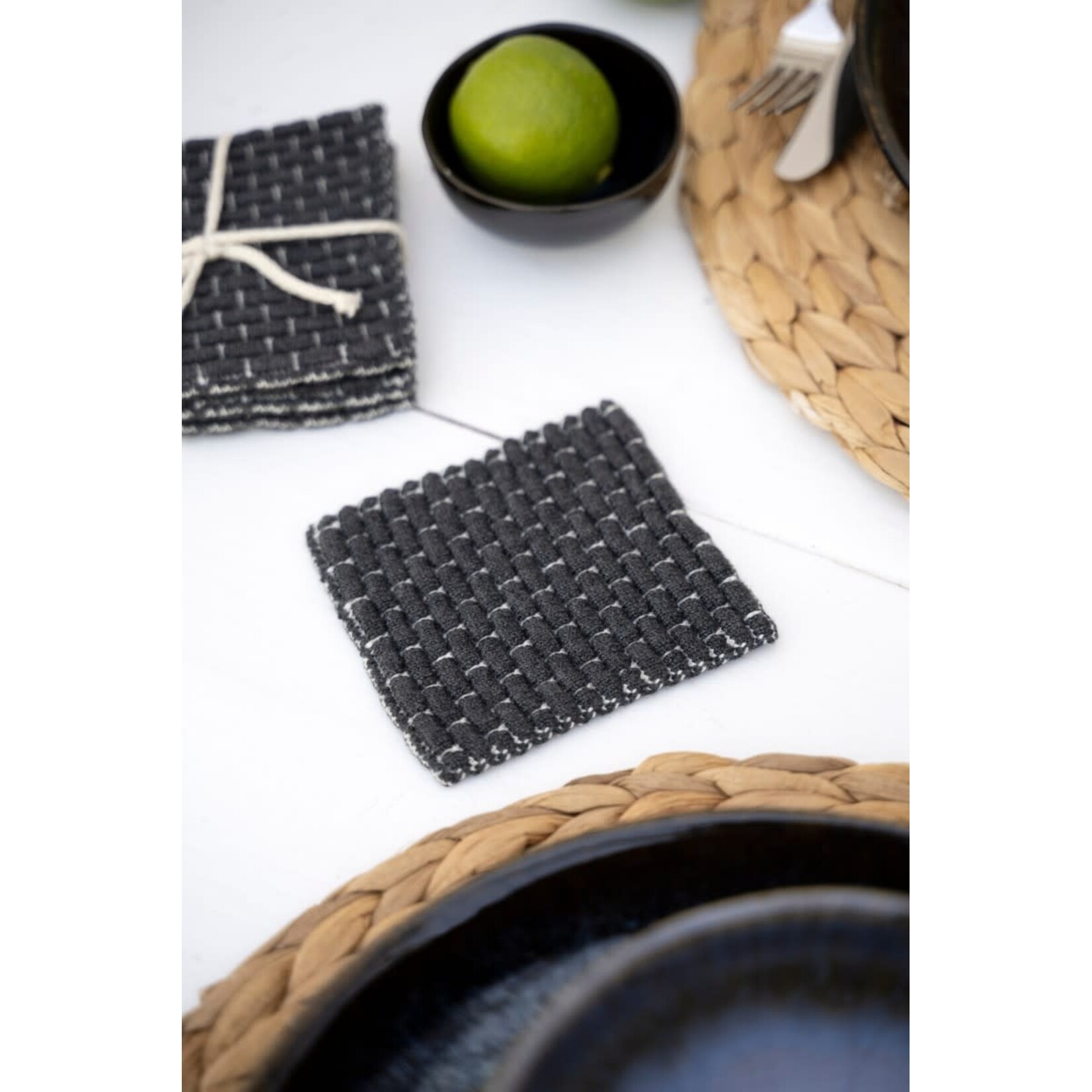 Knit Factory Knit Factory gebreide glasonderzetters set-4 Block Ecru Antraciet Knit Factory 8721052156218