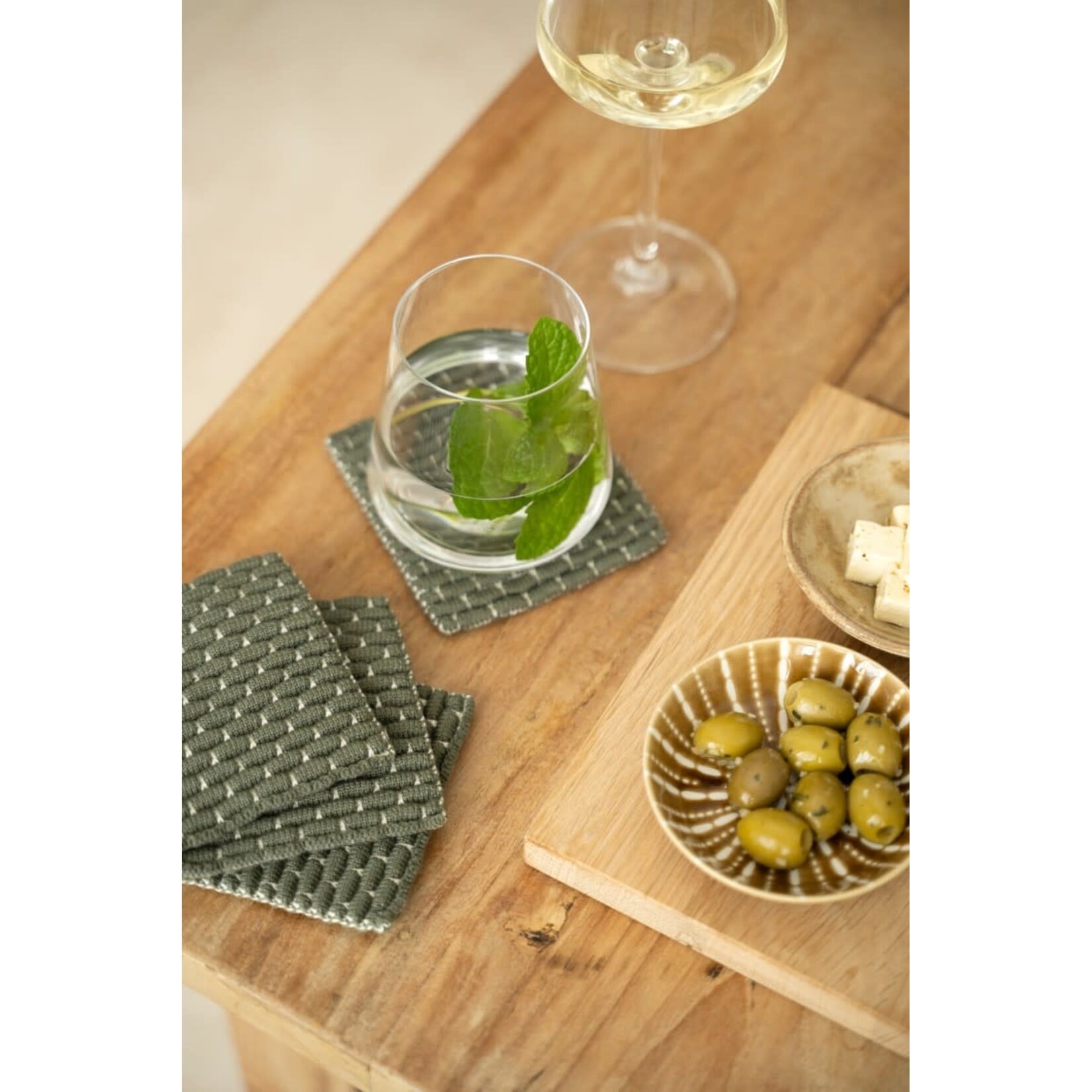 Knit Factory Knit Factory gebreide glasonderzetters set-4 Block Ecru Khaki Knit Factory 8721052156256