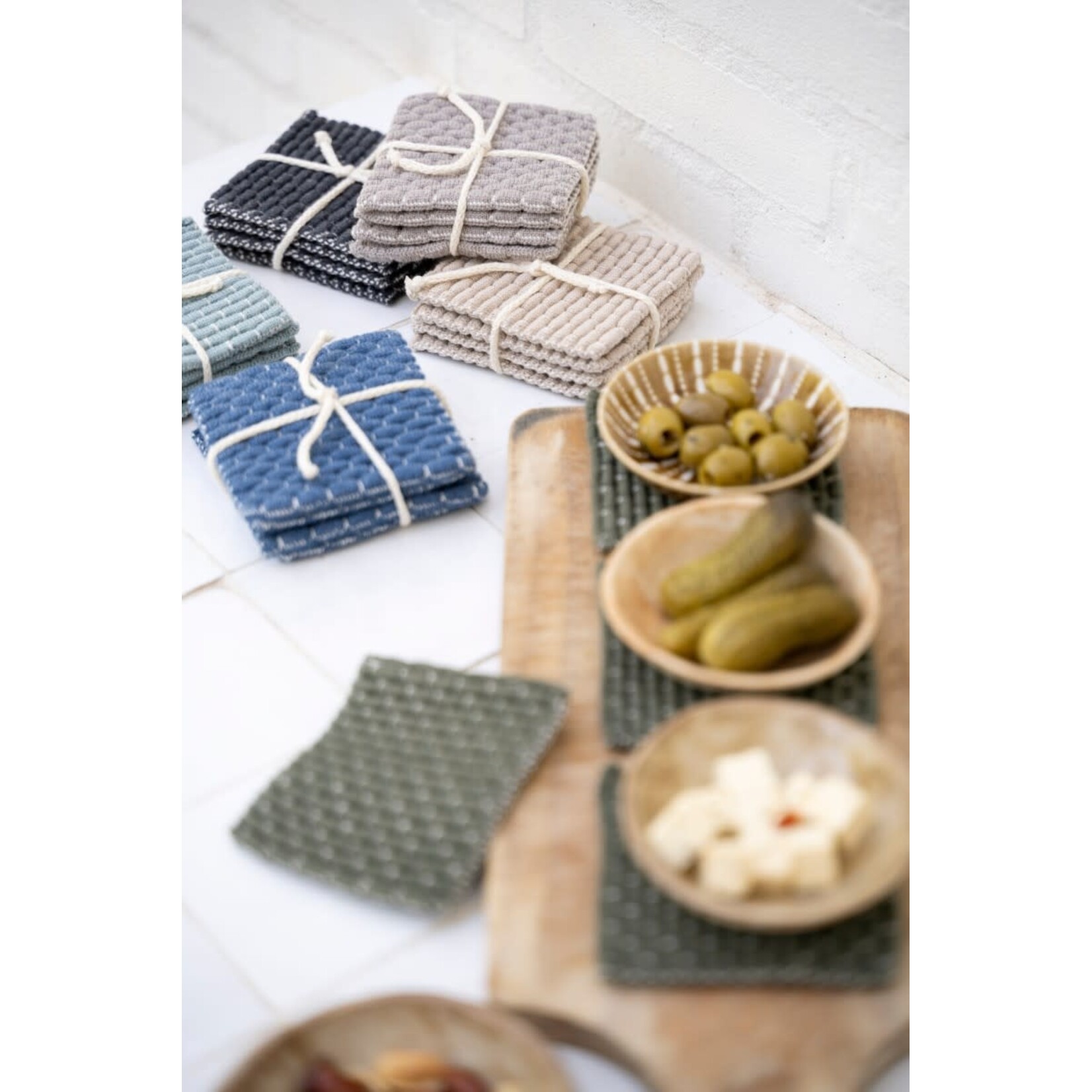 Knit Factory Knit Factory gebreide glasonderzetters set-4 Block Ecru Khaki Knit Factory 8721052156256