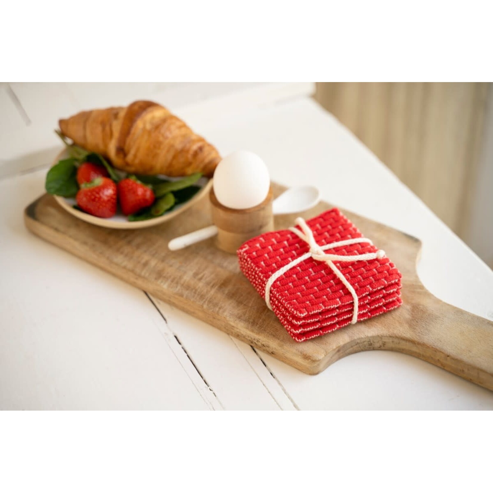 Knit Factory Knit Factory glasonderzetters set-4 Block Ecru Rood Knit Factory 8721052156232
