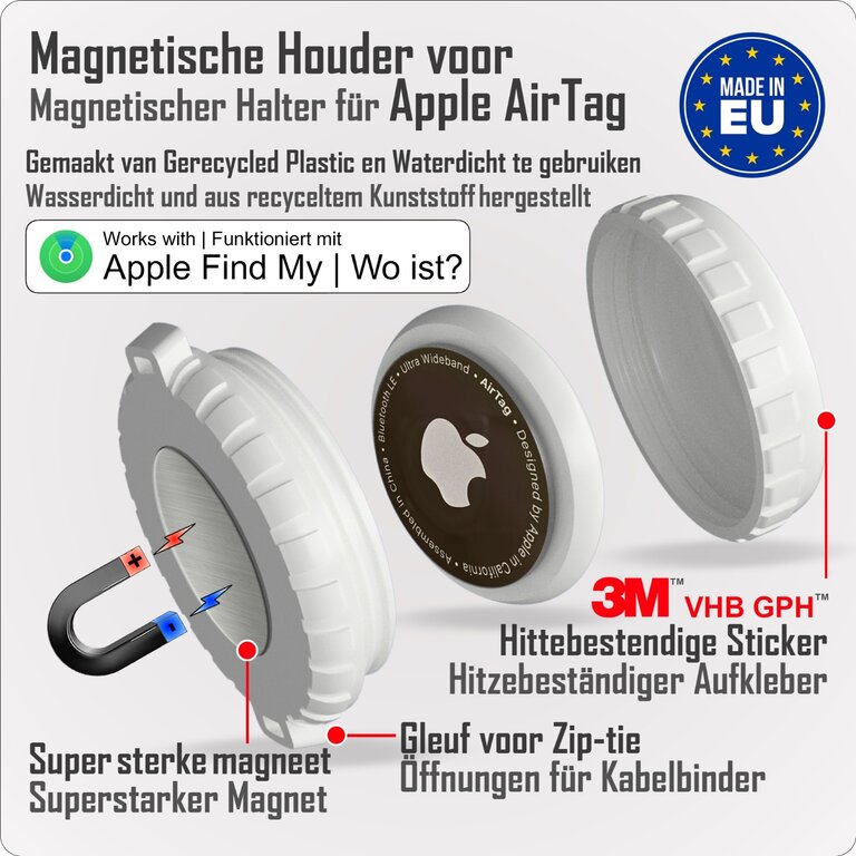 BlueMayim Made in EU Hergestellt in der EU. Wasserabweisender Apple Airtag-Magnethalter mit Kabelbinder und 3M-VHB-Aufkleber