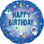 Standard Holographic Iridescent Happy Birthday Outer Space Foil Balloon S55 Packaged 43 cm