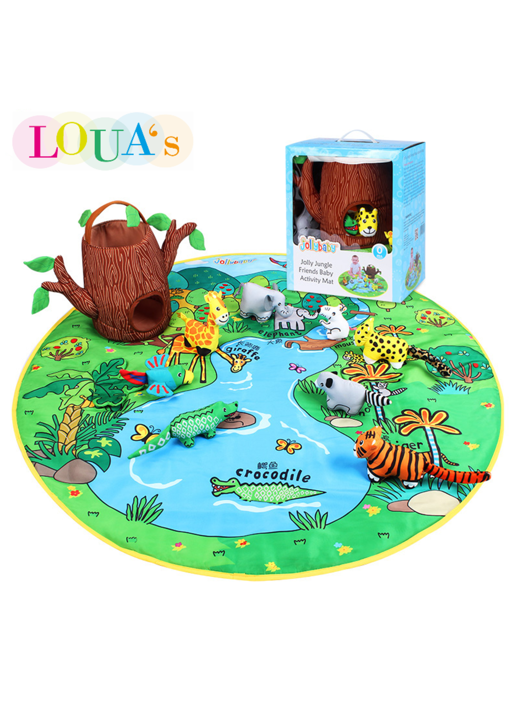 Louas Louas baby speelmat jungle editie met 8 zachte knuffeldieren en een fijne speelmat