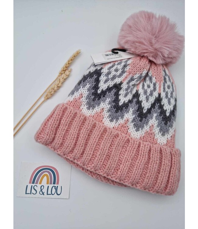 Access accessoires Muts met winterprint en pompon roze