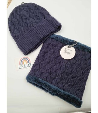 Access accessoires Set muts donkerblauw gevlochten met colsjaal