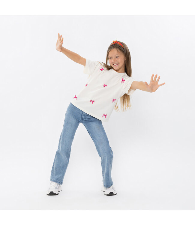 No Way Monday T-Shirt ecru fushia strikjes