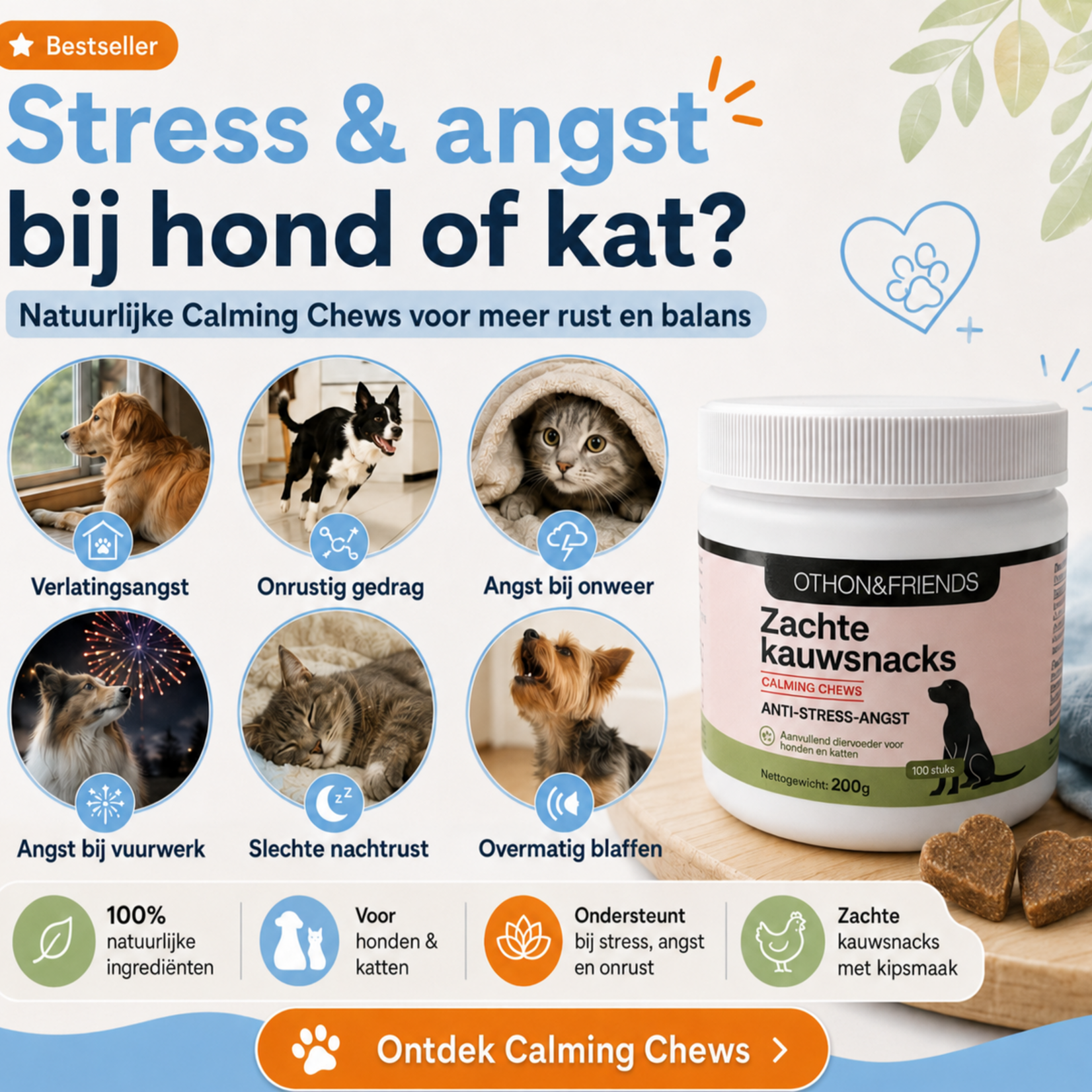 OTHON&FRIENDS Natuurlijke Calming Chews voor honden en katten  100 stuks