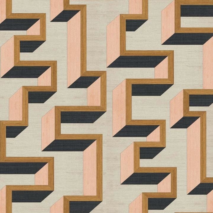 Arte Copper Pink behang met geometrische 3d-vormen in de kleuren beige, koper, oud roze en navy.