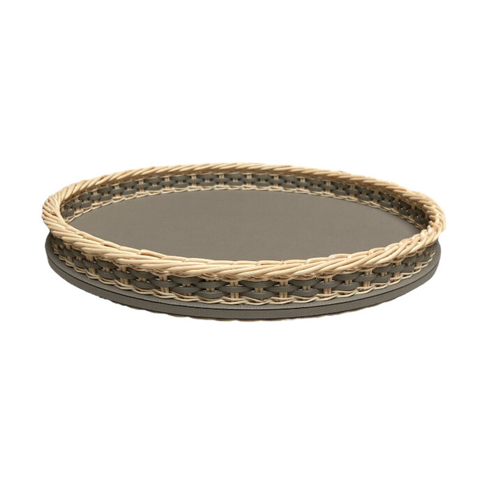 Giobagnara Orsay Leather & Rattan Tray Round Large Printed Calfskin Golf (PFV153) - Mud (G21)