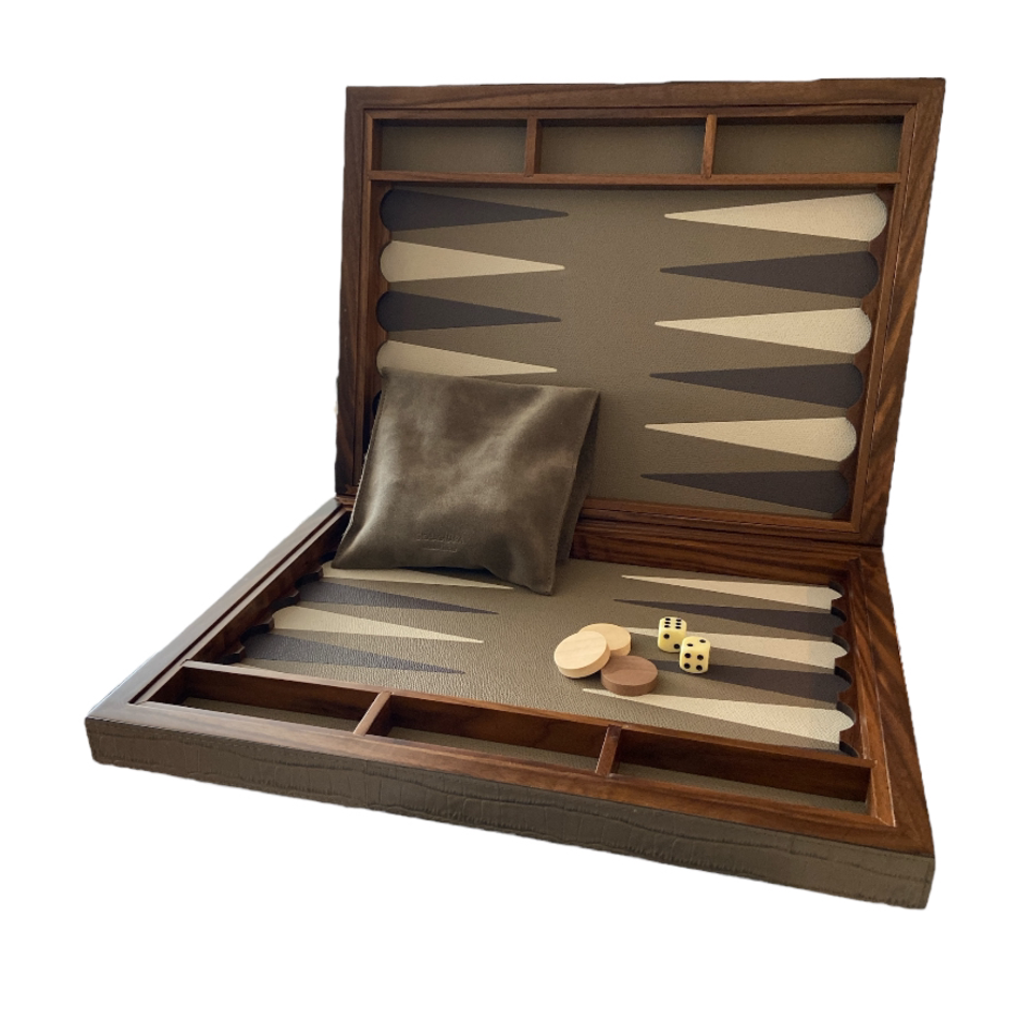 Giobagnara Backgammon Case Small (VG051) - Printed Calfskin Crocodile: Mud (C21)