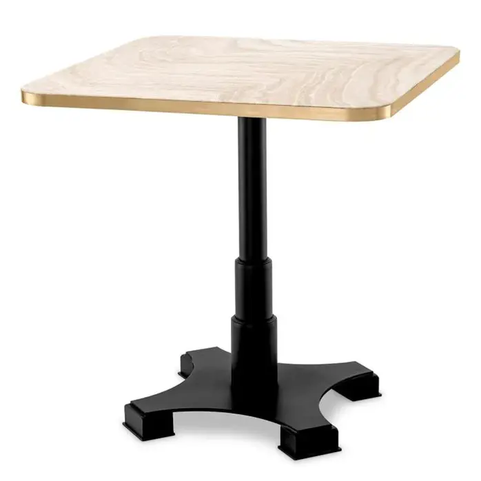 Eichholtz Dining Table Avoria – 75x75 cm Travertine Bistro Table with Brushed Brass Edge and Black Base