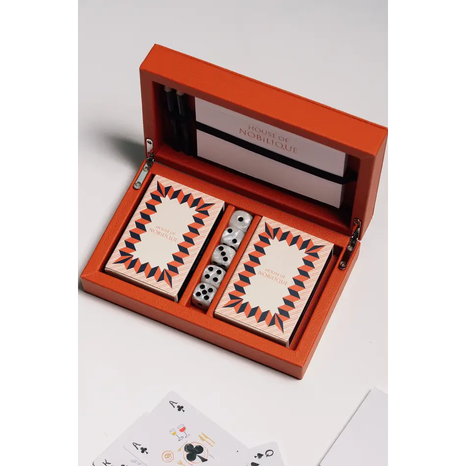 House of Nobilique Card Box Orange – Luxe Lederen Speelkaarten Box met Dice & Yahtzee Notitieboek