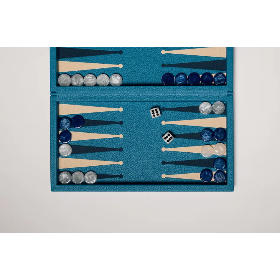 House of Nobilique Booklet Backgammon Azure Blue – Luxe Lederen Backgammon Set met Magnetische Sluiting (31 x 16 cm)