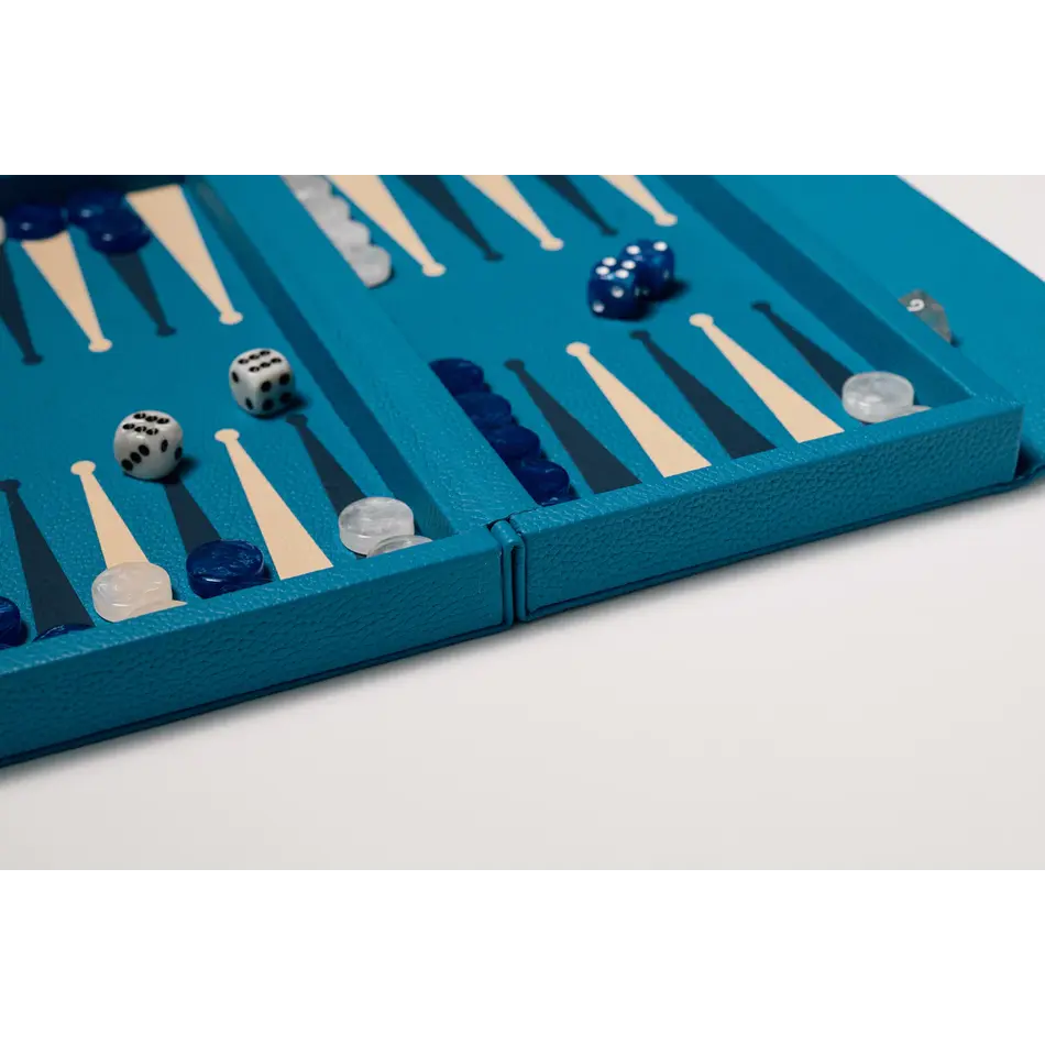 House of Nobilique Booklet Backgammon Azure Blue – Luxe Lederen Backgammon Set met Magnetische Sluiting (31 x 16 cm)