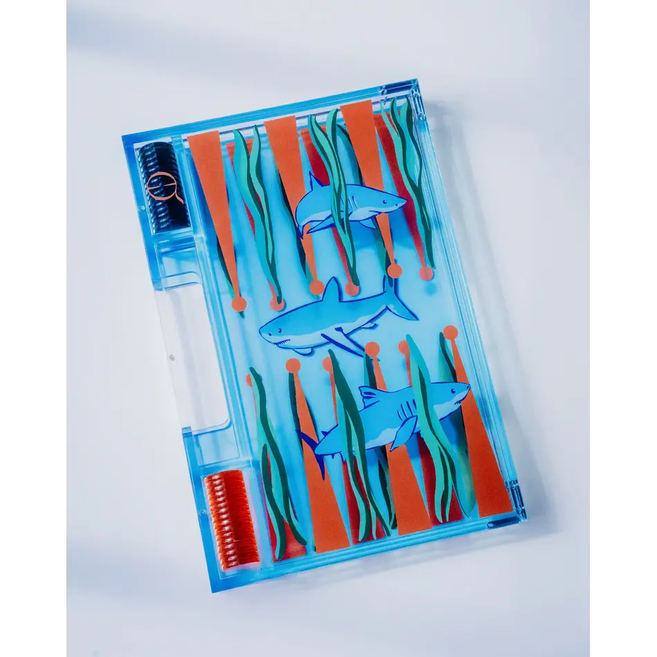 House of Nobilique Portable Backgammon Sharks – Luxe Draagbare Backgammon Set met Uniek Shark-Design (38,5 x 23,3 cm)