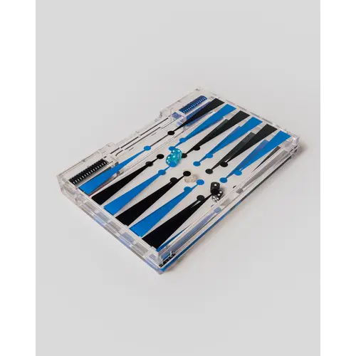 House of Nobilique Portable Backgammon Light Blue / Black - Deluxe Portable Acrylic Backgammon Set (38.5 x 23.3 cm)