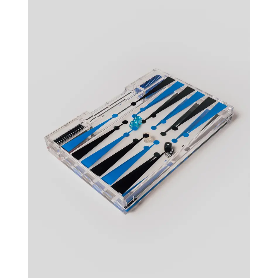 House of Nobilique Portable Backgammon Light Blue / Black - Deluxe Portable Acrylic Backgammon Set (38.5 x 23.3 cm)