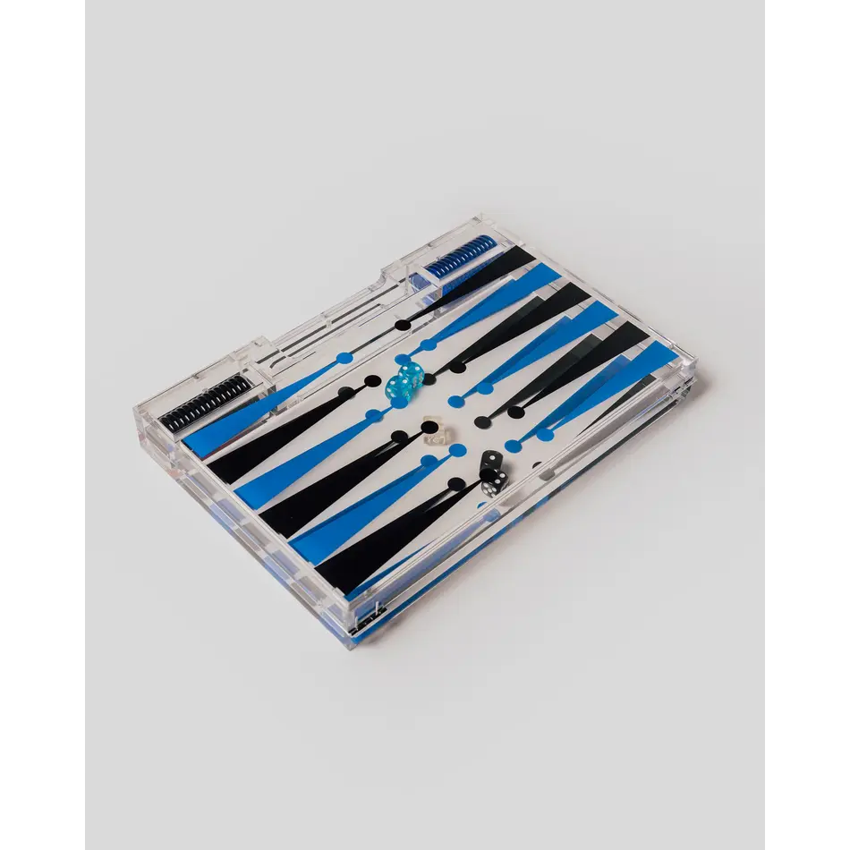 House of Nobilique Portable Backgammon Light Blue / Black - Deluxe Portable Acrylic Backgammon Set (38.5 x 23.3 cm)