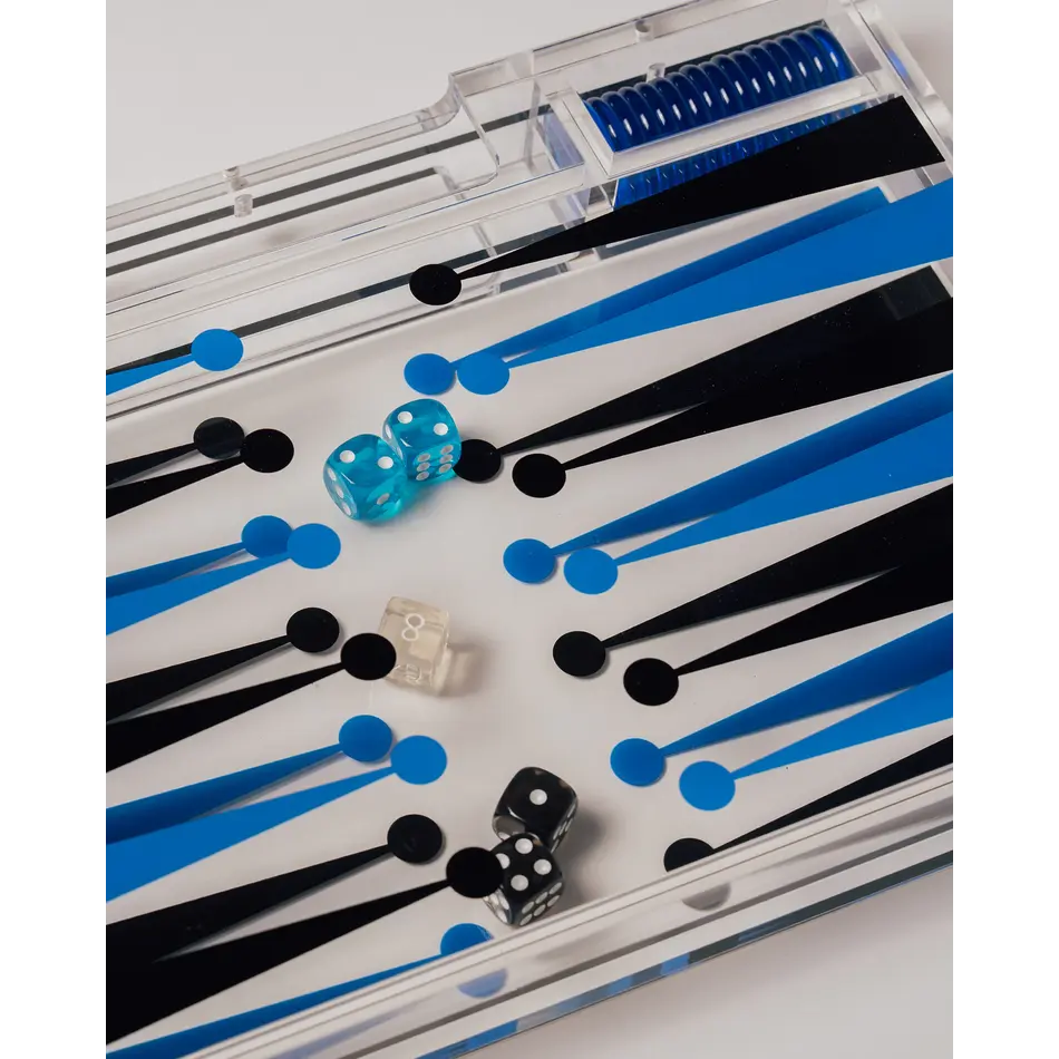House of Nobilique Portable Backgammon Light Blue / Black - Deluxe Portable Acrylic Backgammon Set (38.5 x 23.3 cm)