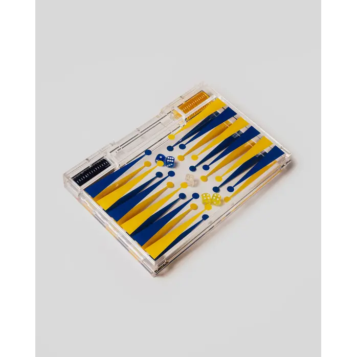 Portable Backgammon Yellow / Blue - Deluxe Portable Acrylic Backgammon Set (38.5 x 23.3 cm)