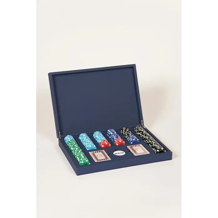 House of Nobilique Poker Set Deep Blue - Deluxe Poker Set with 300 Professional Weighted Chips in Leather Case