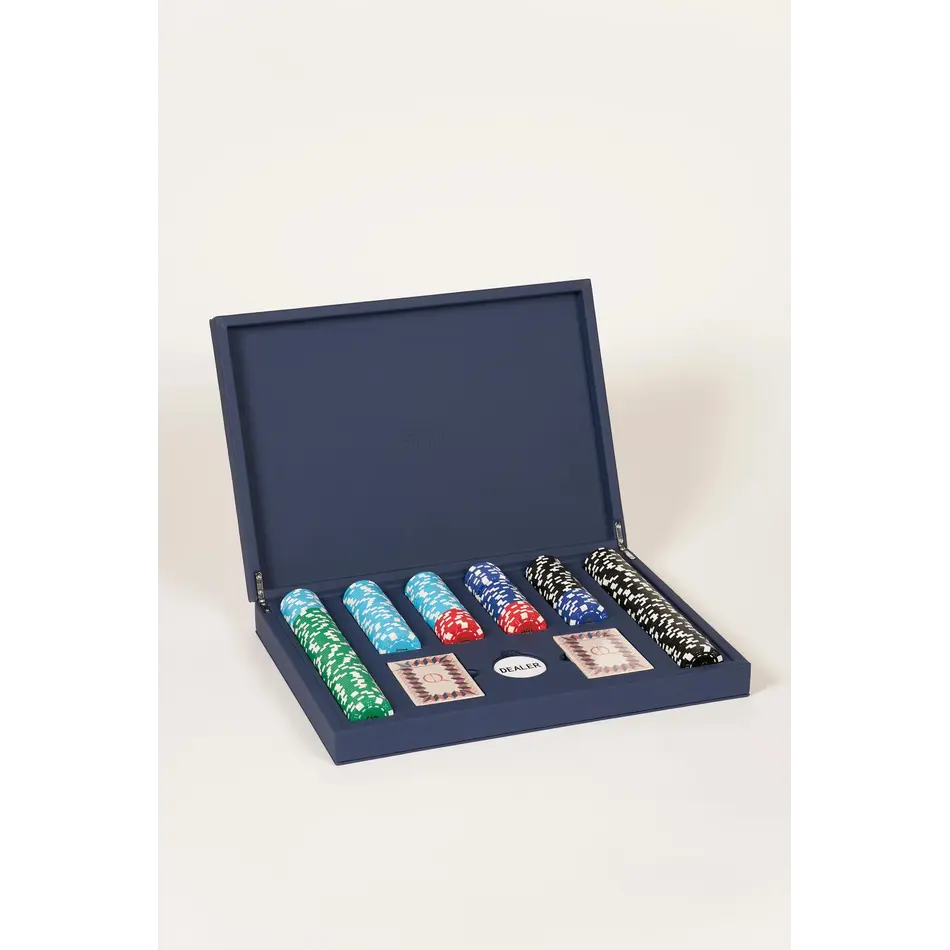 House of Nobilique Poker Set Deep Blue - Deluxe Poker Set with 300 Professional Weighted Chips in Leather Case