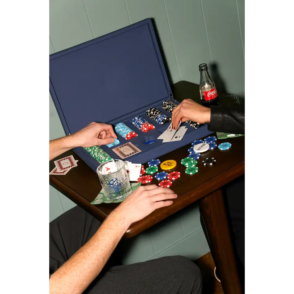 House of Nobilique Poker Set Deep Blue - Deluxe Poker Set with 300 Professional Weighted Chips in Leather Case