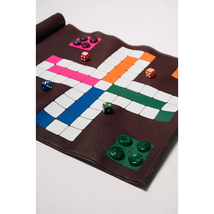 House of Nobilique Roll Up Ludo Burgundy - Deluxe Leather Mens Erger Je Niet Travel Set (44 x 39 cm)