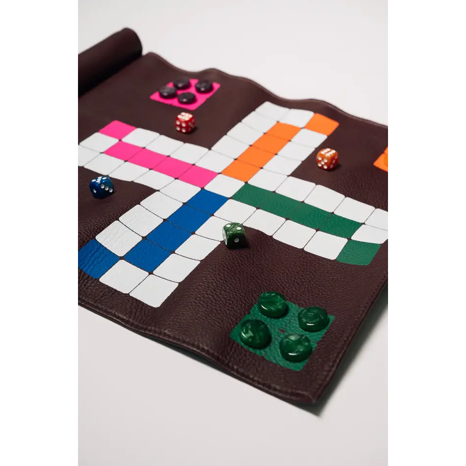 House of Nobilique Roll Up Ludo Burgundy - Deluxe Leather Mens Erger Je Niet Travel Set (44 x 39 cm)