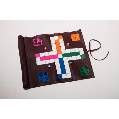 House of Nobilique Roll Up Ludo Burgundy - Deluxe Leather Mens Erger Je Niet Travel Set (44 x 39 cm)