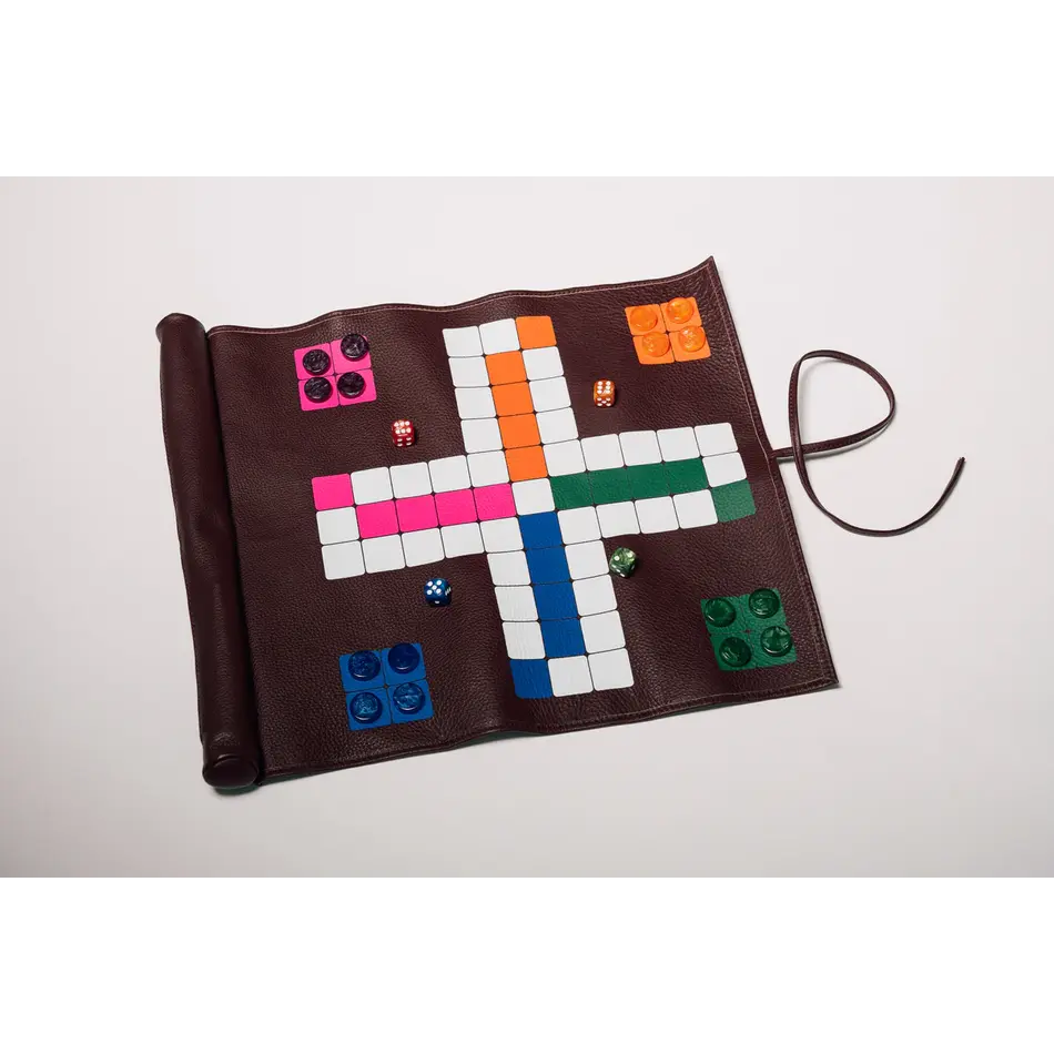 House of Nobilique Roll Up Ludo Burgundy - Deluxe Leather Mens Erger Je Niet Travel Set (44 x 39 cm)