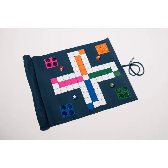 House of Nobilique Roll Up Ludo Deep Blue - Deluxe Leather Mens Erger Je Niet Travel Set (44 x 39 cm)