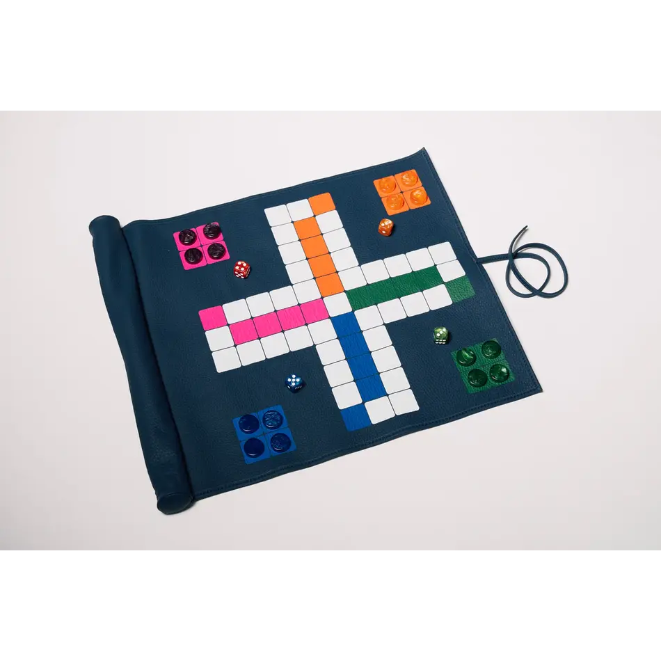 House of Nobilique Roll Up Ludo Deep Blue - Deluxe Leather Mens Erger Je Niet Travel Set (44 x 39 cm) House of Nobilique Roll Up Ludo Deep Blue - Deluxe Leather Mens Erger Je Niet Travel Set (44 x 39 cm)