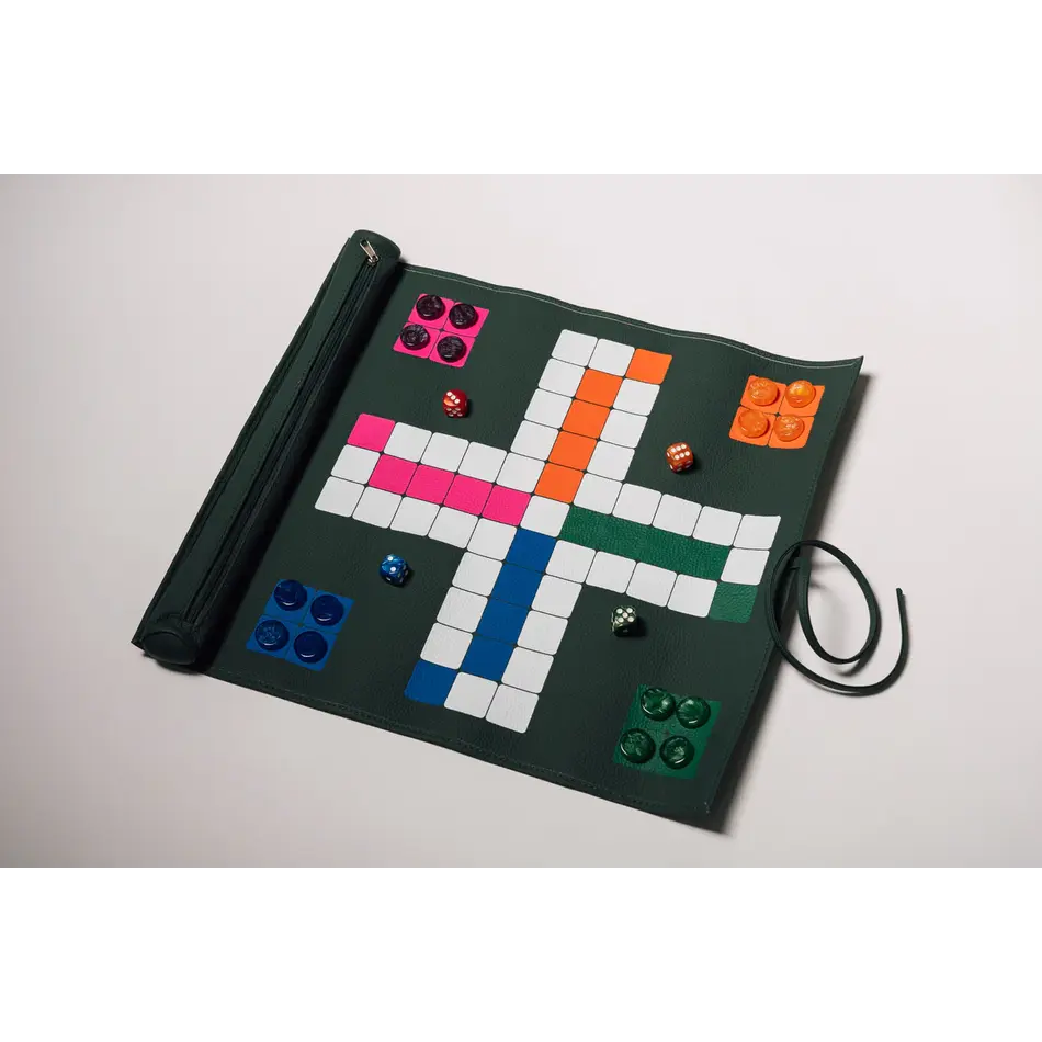 House of Nobilique Roll Up Ludo Green - Deluxe Leather Aggravation Travel Set (44 x 39 cm)