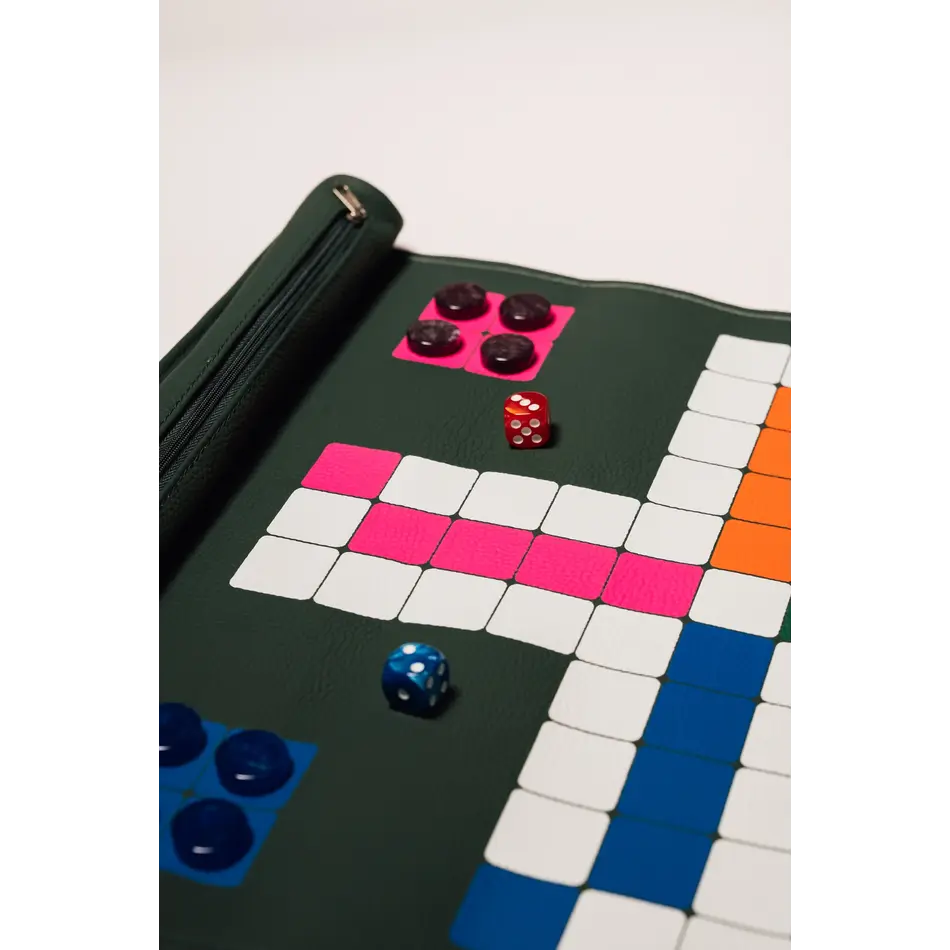 House of Nobilique Roll Up Ludo Green - Deluxe Leather Aggravation Travel Set (44 x 39 cm)