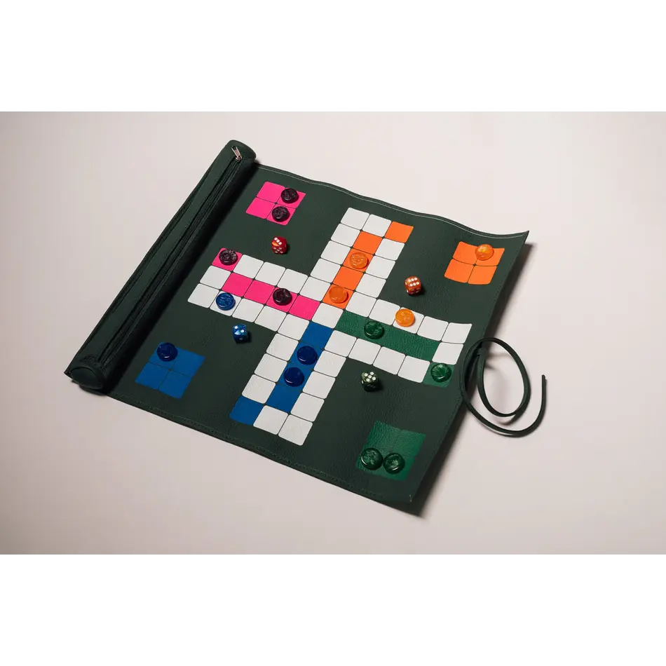 House of Nobilique Roll Up Ludo Green - Deluxe Leather Aggravation Travel Set (44 x 39 cm)