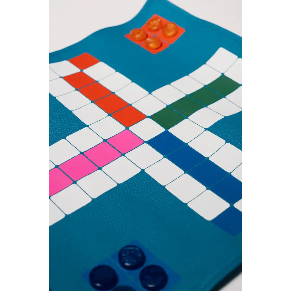 House of Nobilique Roll Up Ludo Azure Blue - Deluxe Leather Mens Erger Je Niet Travel Set (44 x 39 cm)