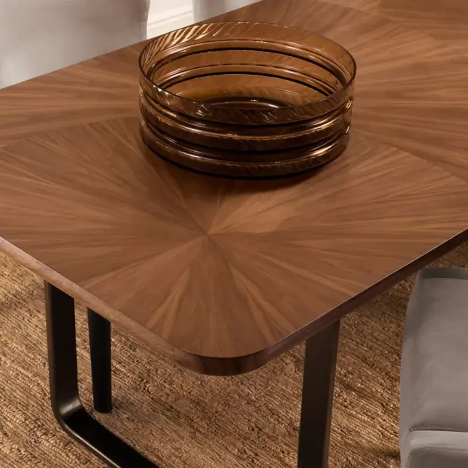 Eichholtz Rucello Dining Table – Light Walnut Veneer | Inlegpatroon | Bronze Finish Eichholtz Rucello Dining Table – Light Walnut Veneer | Inlegpatroon | Bronze Finish
