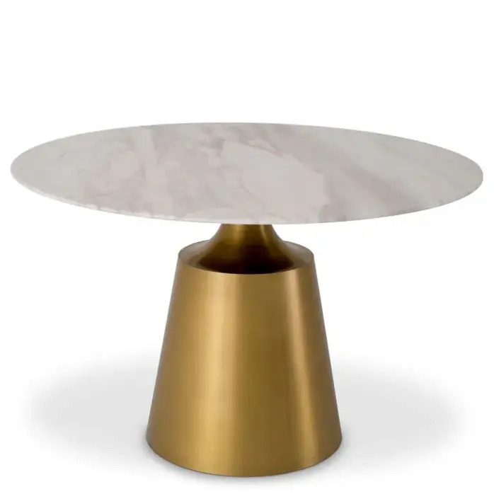 Eichholtz Nathan Eettafel – Wit Volakas Marmer | Brushed Brass Onderstel | Rond Design