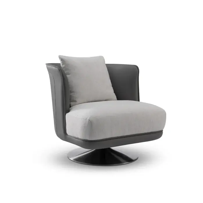 The Grand Interior Gregorio Swivel Chair - Stainless Steel | Hopsack Woven Fabric | Micro Leather Details | Lounge Chair