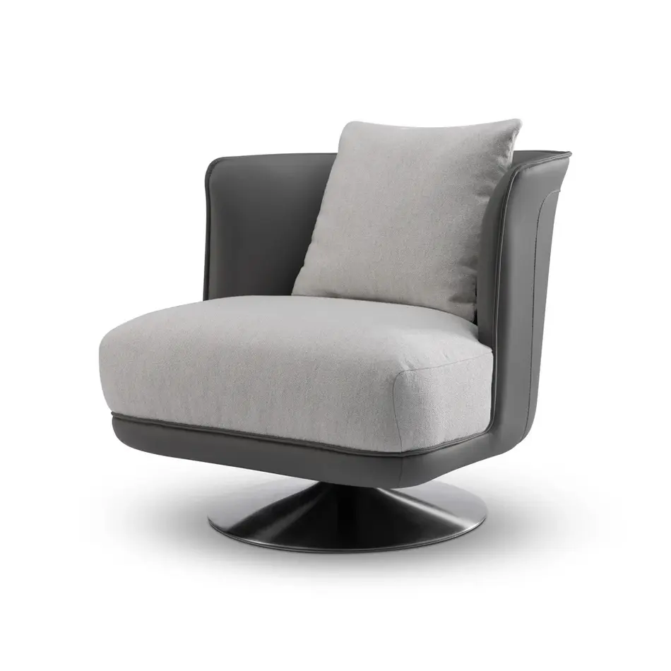 The Grand Interior Gregorio Swivel Chair - Stainless Steel | Hopsack Woven Fabric | Micro Leather Details | Lounge Chair
