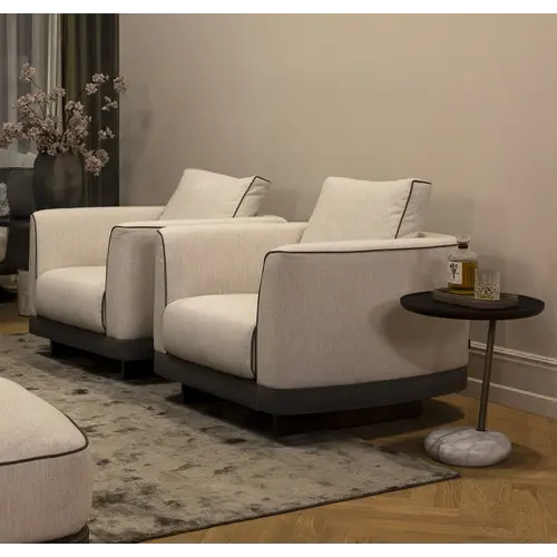 The Grand Interior Gregorio Armchair - Stainless Steel | Hopsack Woven Fabric | Micro Leather Details | Lounge Chair